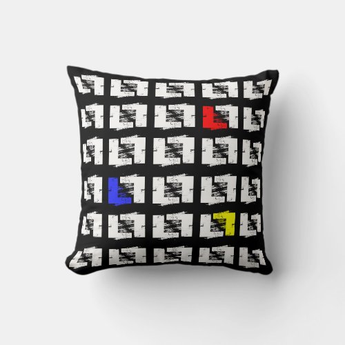 Black and White Primary Colors Geo Sketch Squares Throw Pillow