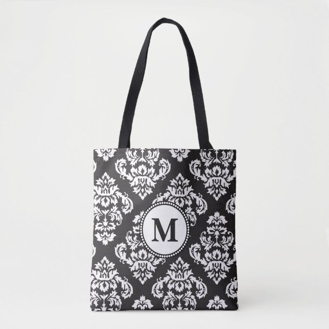 Black and White Print  Pattern Monogram Tote Bag (Front)
