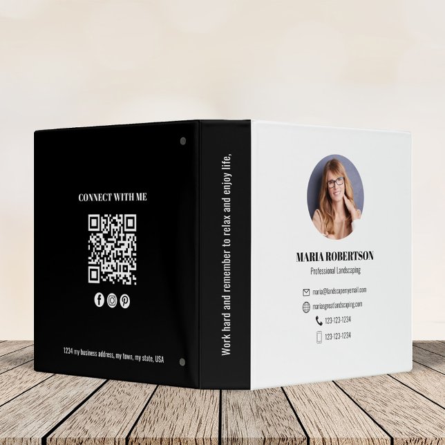Black and White Professional Business QR Code  3 Ring Binder (Business QR code binder with a black and white color theme. )