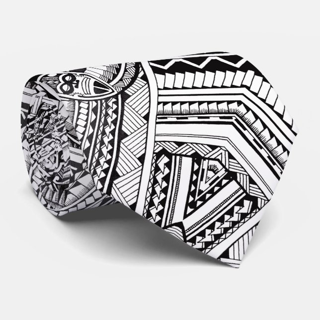 Black and White Professional Tribal Tattoo Pattern Neck Tie (Rolled)