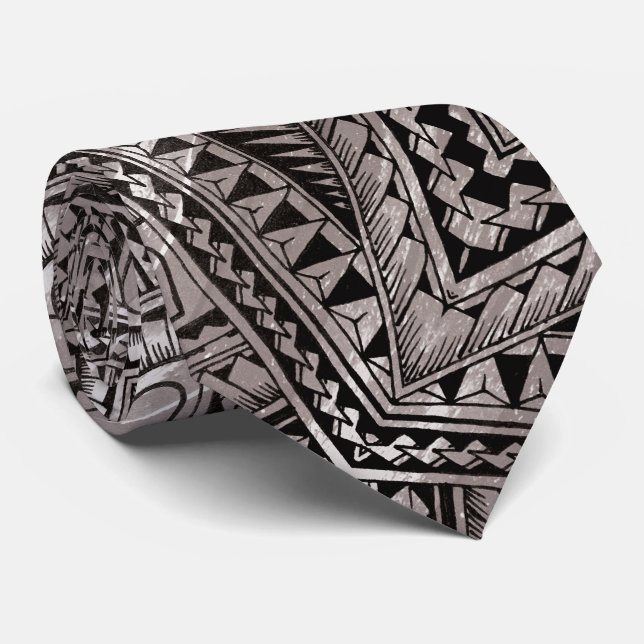 Black and White Professional Tribal Tattoo Pattern Neck Tie (Rolled)
