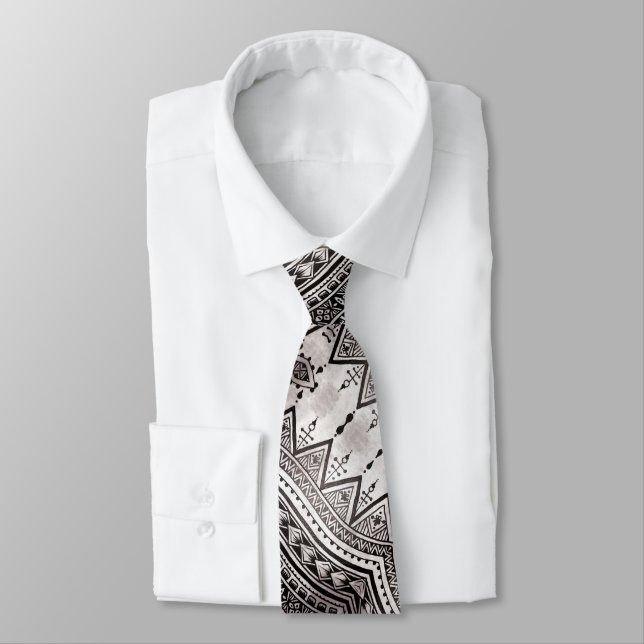 Black and White Professional Tribal Tattoo Pattern Neck Tie (Tied)