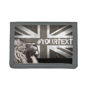 Black and White Proud Lion Union Jack Custom Text Tri-fold Wallet