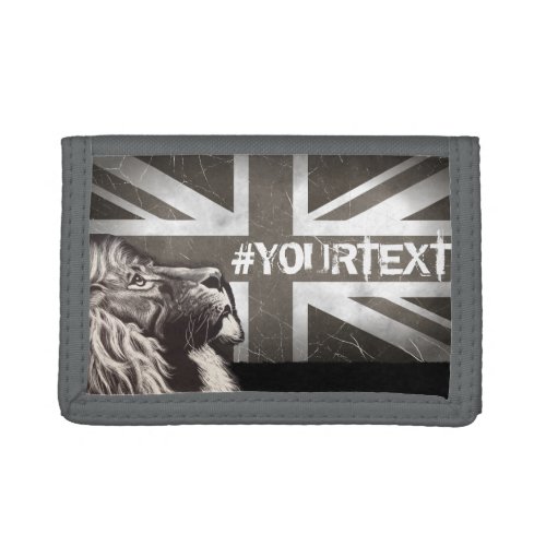 Black and White Proud Lion Union Jack Custom Text Trifold Wallet