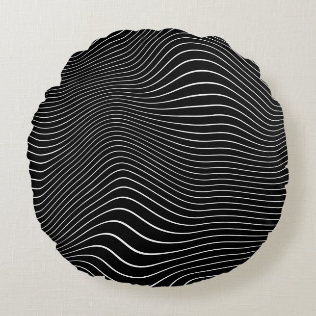 Black and white Psychedelic Linear Wavy Background Round Pillow (Front)