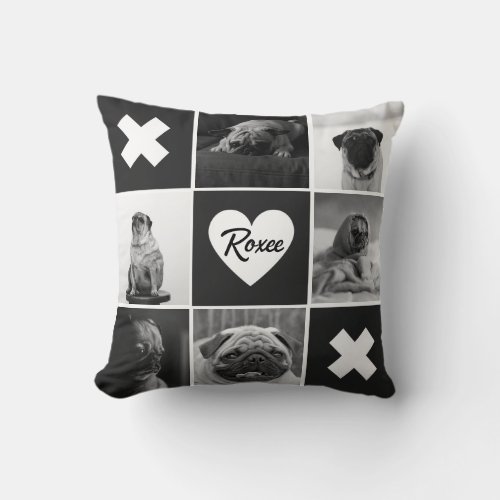 Black and White Pug Photo Collage Square Throw Pillow