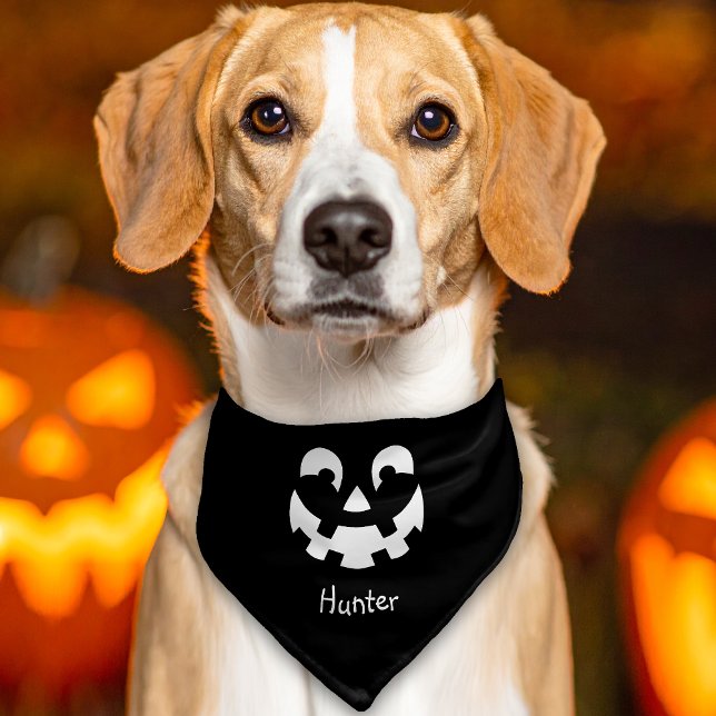 Black And White Pumpkin Face With Name Halloween Pet Bandana Collar (Creator Uploaded)