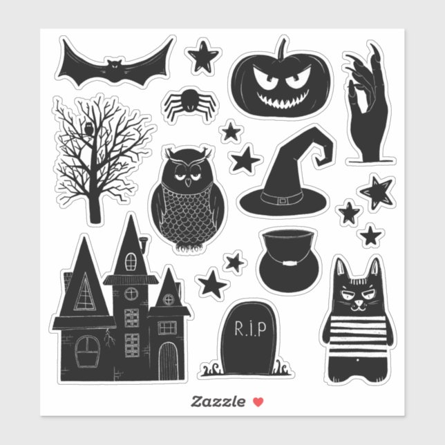 Black and white pumpkin, witch, owl. Halloween Sticker (Sheet)