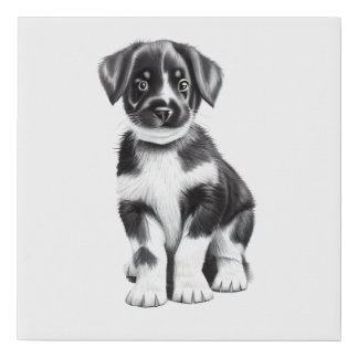 Black and White Puppy Sketch Faux Canvas Print