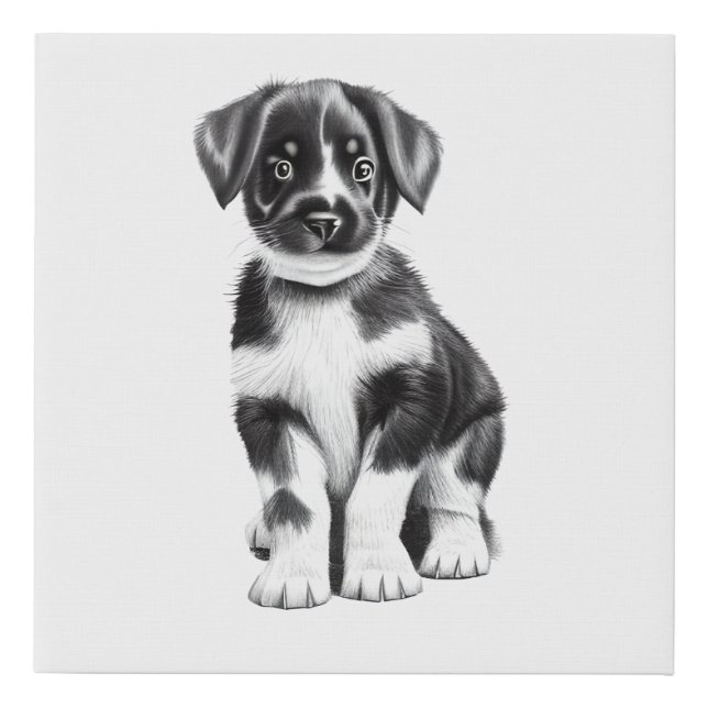 Black and White Puppy Sketch Faux Canvas Print (Front)