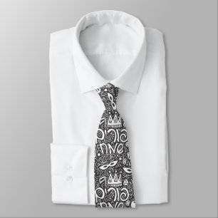 Black and White Purim Tie with Hebrew "Happy Purim