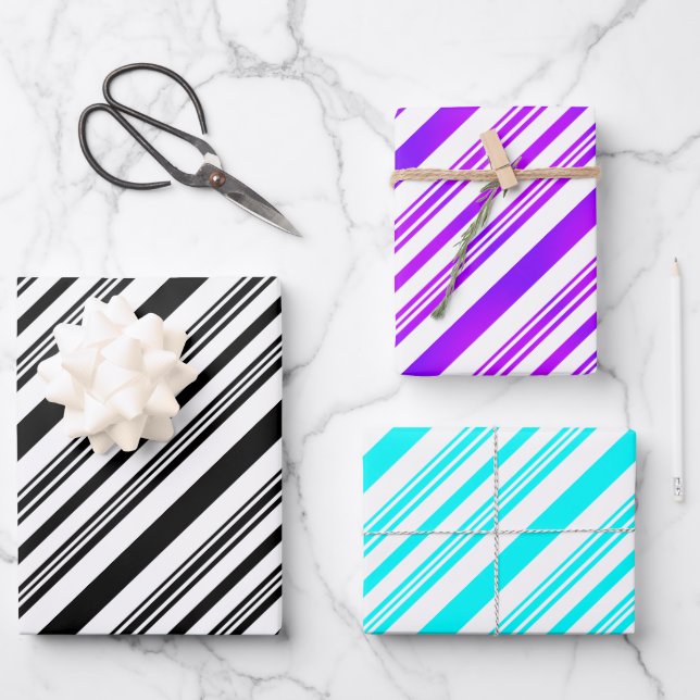 Black and white, purple and white, blue and white  wrapping paper sheets (Front)