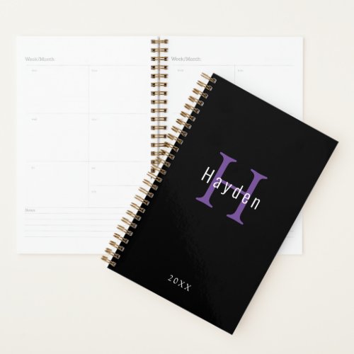 Black and White Purple Monogram Add Your Name Year Planner