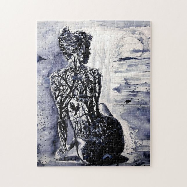 Black and White Puzzle Woman Nature Painting (Vertical)