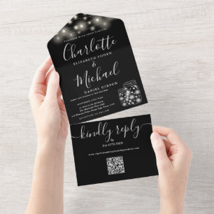 Black And White QR Code Mason Jars Lights Wedding All In One Invitation