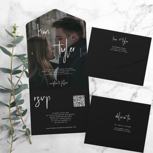 Black and white QR code rsvp photo modern wedding All In One Invitation
