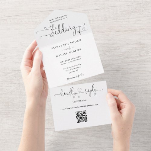 Black And White QR Code Script Hearts Wedding All In One Invitation