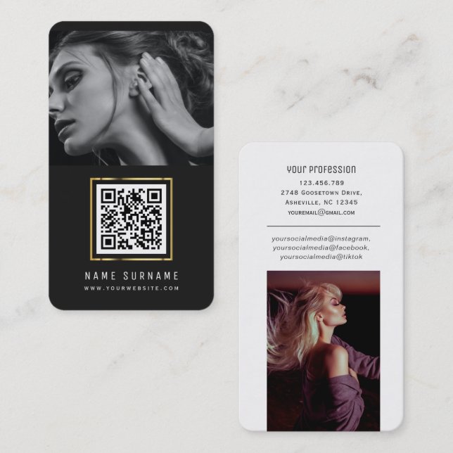Black and white QR code social media modern photos Business Card (Front/Back)