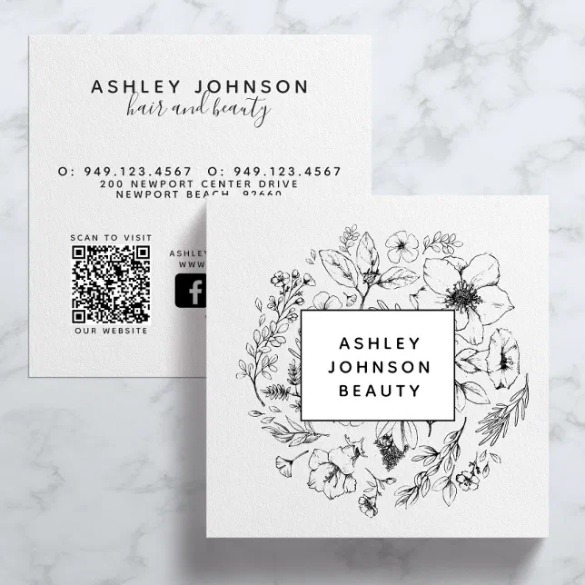 Black and White QR Code Website Modern Botanical Square Business Card ...