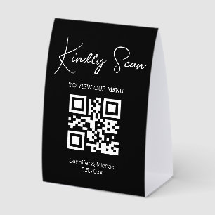 black and white qr code wedding menu  paper table tent 