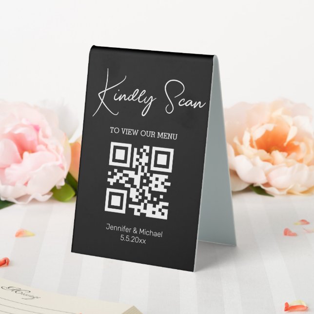 black and white qr code wedding menu  table tent (In SItu (Wedding))