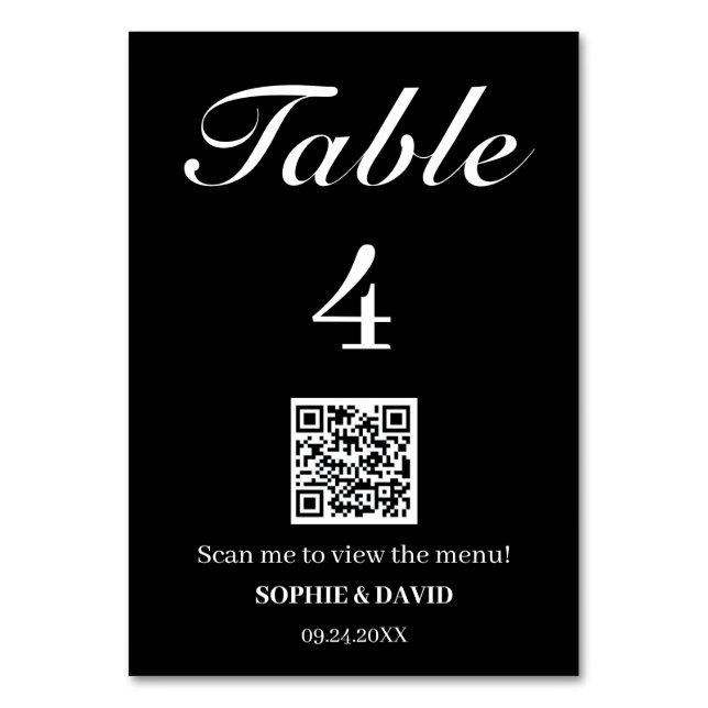 Black and White QR code Wedding Table Number (Front)