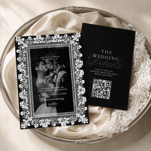 Black and white QR Photo Lace Old Money Wedding Invitation