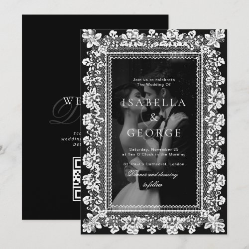 Black and white QR Photo Lace Old Money Wedding Invitation