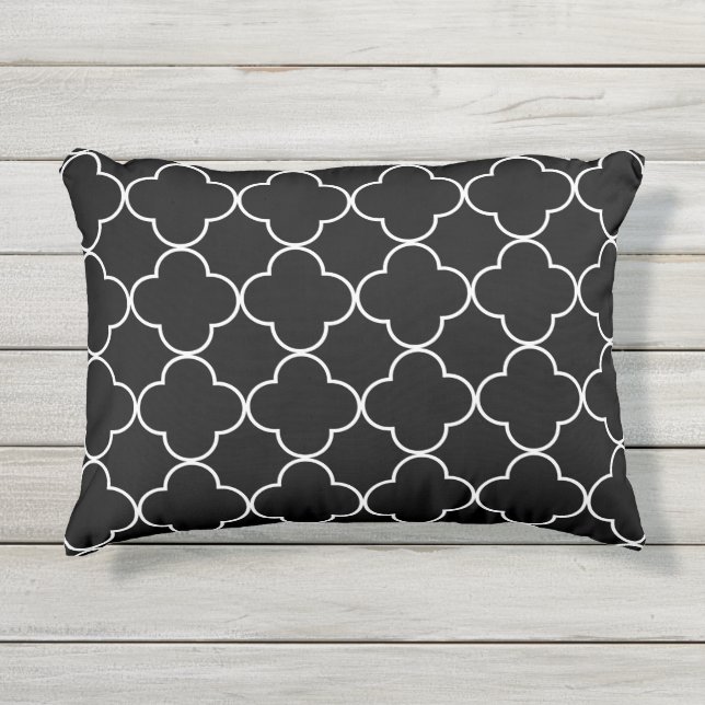 Black and White Quatrefoil Outdoor Pillow (Front)