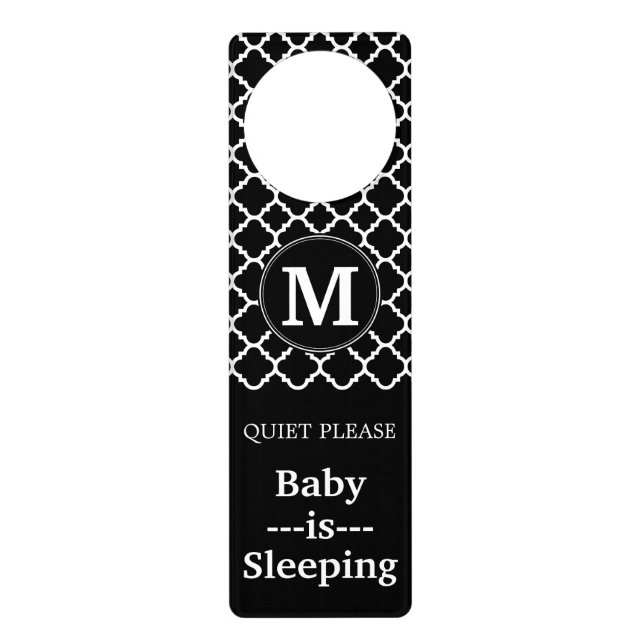 Black and White Quatrefoil Pattern Custom Monogram Door Hanger (Front)