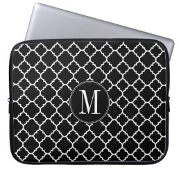 Black and White Quatrefoil Pattern Custom Monogram Laptop Sleeve