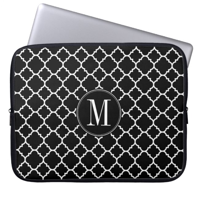 Black and White Quatrefoil Pattern Custom Monogram Laptop Sleeve (Front)