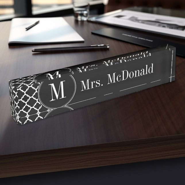 Black and White Quatrefoil Pattern Custom Monogram Name Plate (Personalized Name Plate for the Office, School or Home)