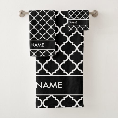 Black and white quatrefoil pattern personalized bath towel set