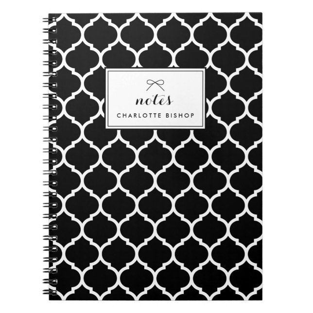 Black and White Quatrefoil Pattern Personalized Notebook (Front)