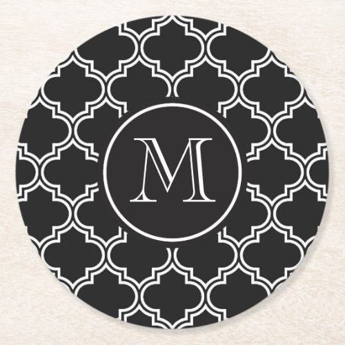 Black and White Quatrefoil Round Paper Coaster