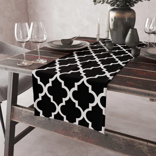 Black and White Quatrefoil Tiles Pattern Short Table Runner | Zazzle