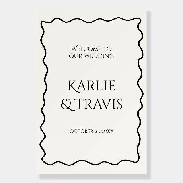 Black and White Quirky Wave Wedding Welcome Foam Board (Front)