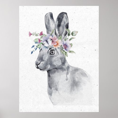 Black and White Rabbit in Flower Crown Animal Poster