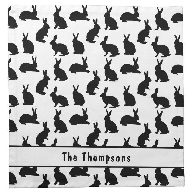 Black And White Rabbit Pattern With Name Cloth Napkin (Front)