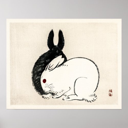 Black and white rabbits by Kōno Bairei  Poster