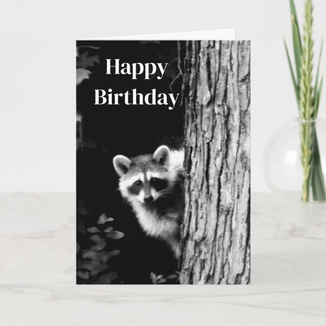 Black and White Raccoon Photo Birthday Card (Front)