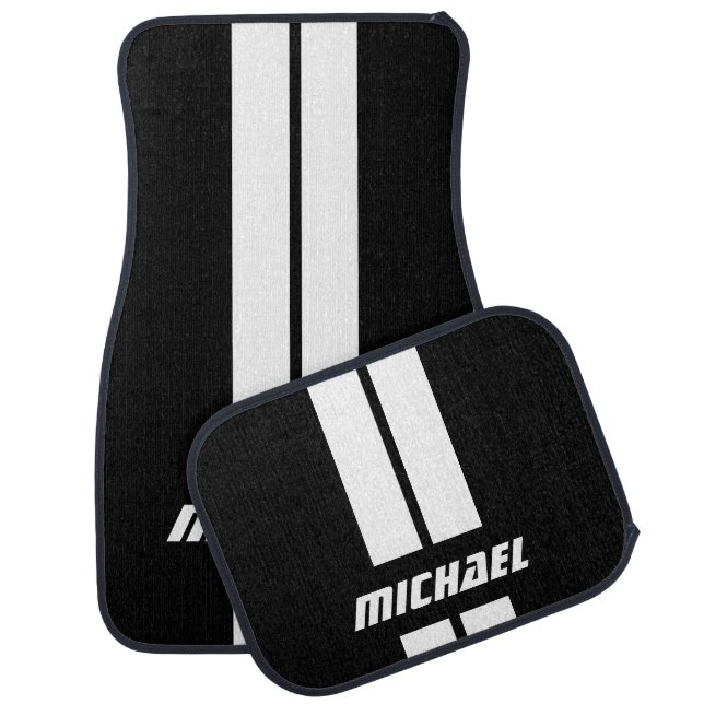 Black and White Race Stripes | Personalize Car Floor Mat (Set)