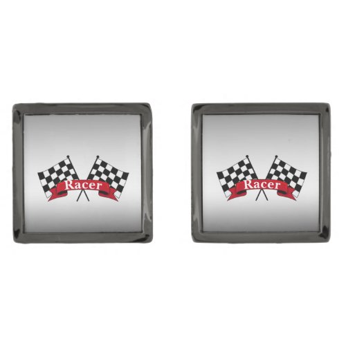 Black and White Racing Flag Silver Cufflinks