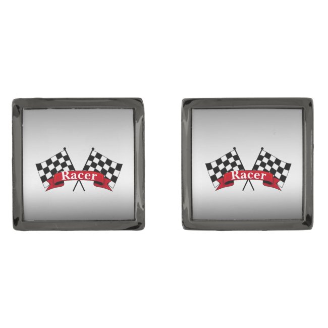 Black and White Racing Flag Silver Cufflinks