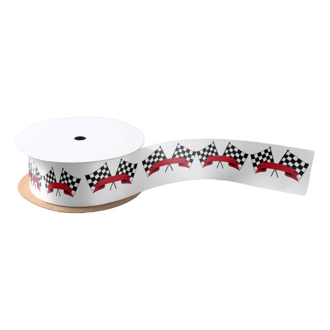 Black and White Racing Flags Pattern Satin Ribbon