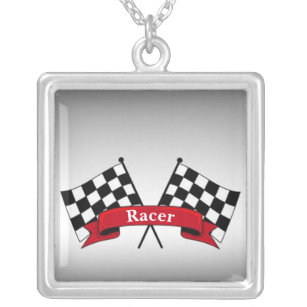 Black and White Racing Flags Silver Necklace