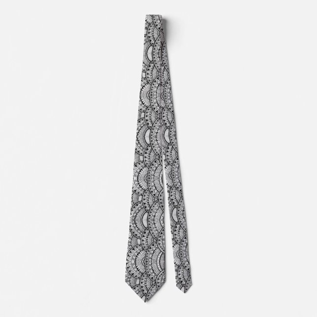 Black and White Radial Mandala Floral Patterned Neck Tie (Front)