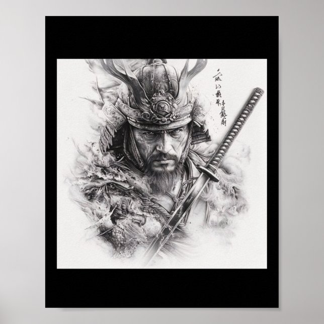 Black And White Realistic Samurai Pencil Drawing S Poster (Front)