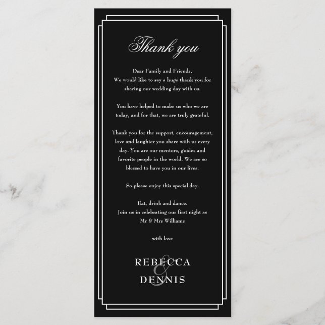 Black And White Reception Thank You Place Card (Front)